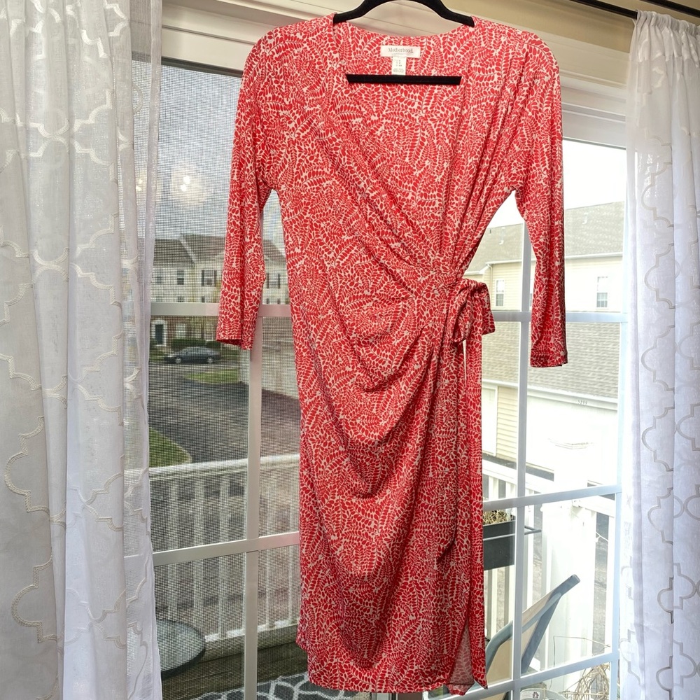Motherhood Maternity Faux Wrap Dress Coral White Small